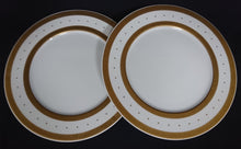 Lade das Bild in den Galerie-Viewer, 2er Set SPEISETELLER - Porzellan, Goldrand Breite Streifen Vierecke Quadrate Punkte Motiv Dekor