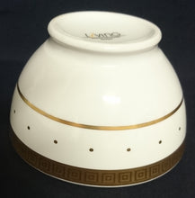 Lade das Bild in den Galerie-Viewer, MÜSLI~ SERVIERSCHALE - Porzellan, Goldrand Breite Streifen Vierecke Quadrate Punkte Motiv Dekor