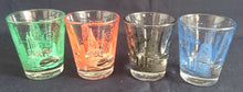Lade das Bild in den Galerie-Viewer, 4er Set SHOT KURZE SCHNAPS- GETRÄNKEGLÄSER - Hartglas, USA Chicago City Metropole Stadt Aufschrift Motiv Dekor