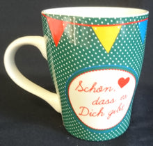 Lade das Bild in den Galerie-Viewer, KAFFEETASSE - Porzellan, Punkte Karos Herz Liebe Schön das es dich gibt Aufschrift Motiv Dekor