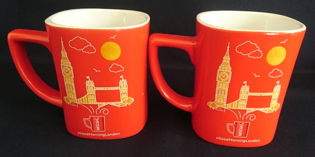 2er Set THERMO KAFFEETASSEN - Porzellan, Twitter #GoodMorningLondon Nescafe Aufschrift Big Ben Tower Bridge Motiv Dekor