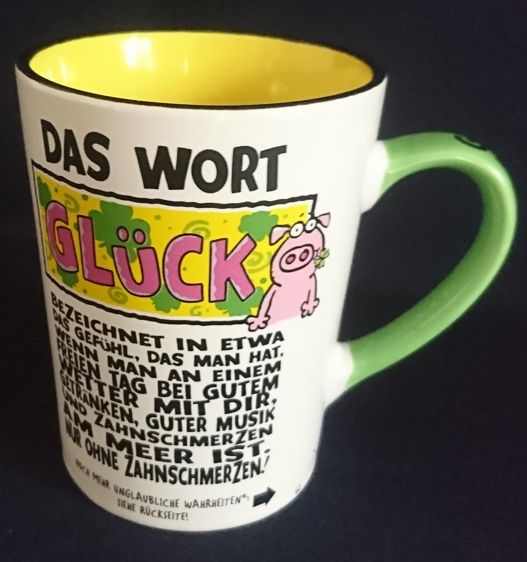 KAFFEETASSE - Keramik / Steingut, Kleeblatt Glücksschwein Das Wort Glück Text Aufschrift Motiv Dekor