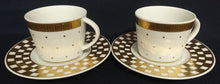Lade das Bild in den Galerie-Viewer, 2er Set 3er KAFFEEGEDECKE - Porzellan, Goldrand Breite Streifen Vierecke Quadrate Schachbrett Punkte Motiv Dekor
