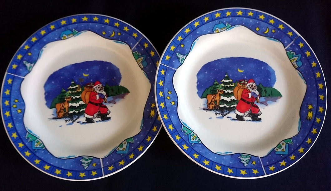 2er Set DESSERTTELLER - Porzellan, Rentier Weihnachtsmann Stern Mond Tannenbaum Bäume Motiv Dekor (BC)