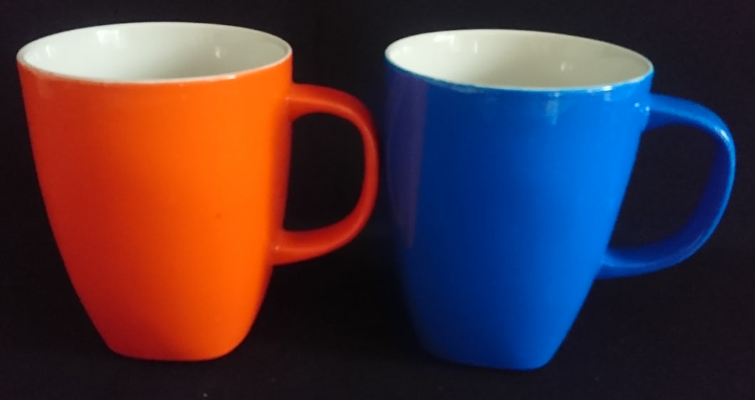 2er Set KAFFEETASSEN - Porzellan, Einfärbiges Modernes Blaues & Orangenes Motiv Dekor