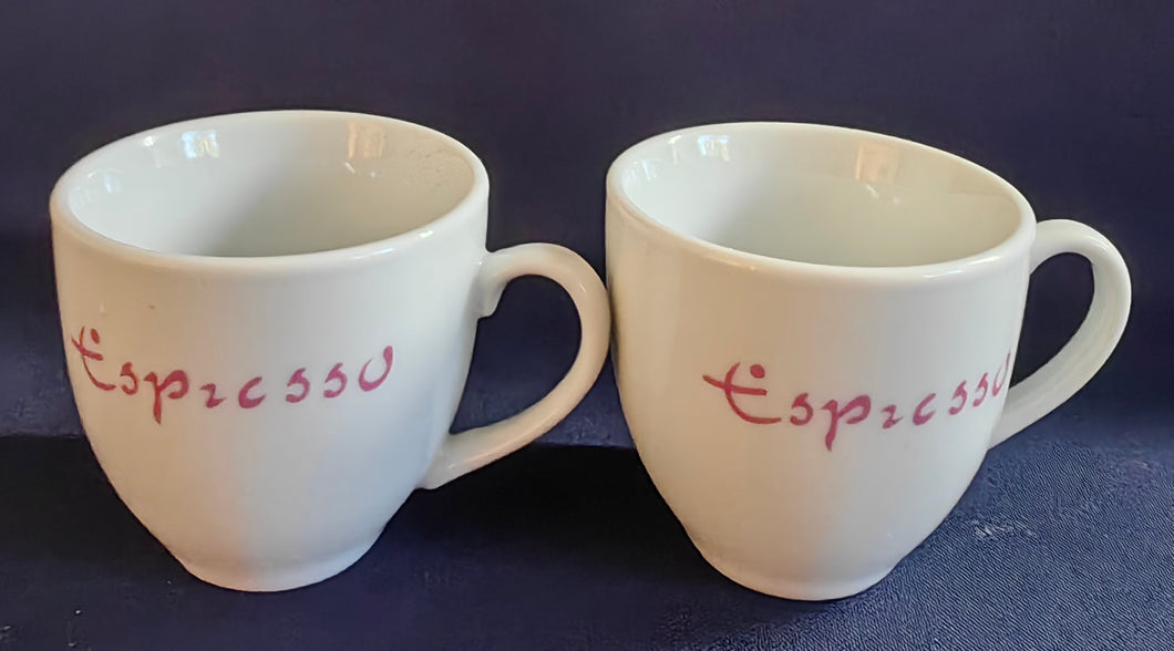 2er Set ESPRESSO~ KAFFEETASSEN - Porzellan, Rosa Färbiges Espresso Aufschrift Druck Motiv Dekor