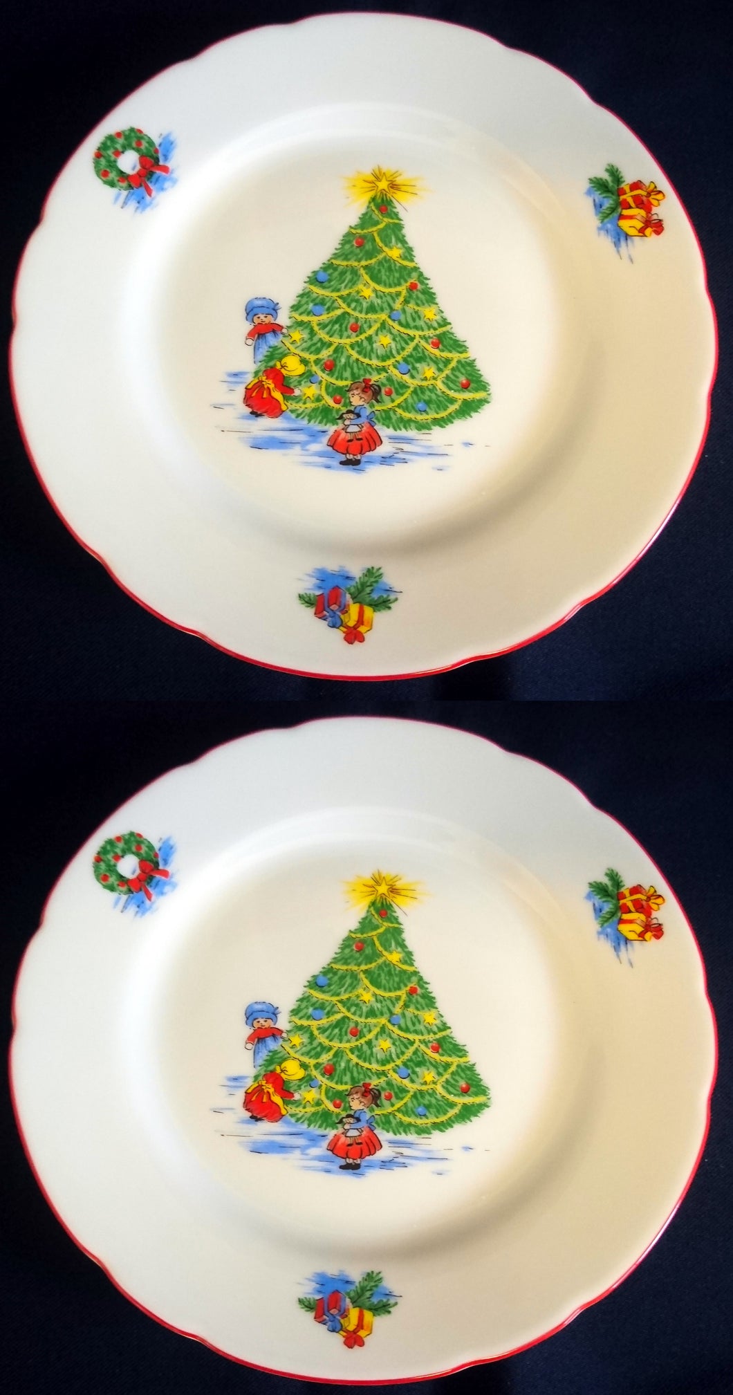 2er Set DESSERTTELLER - Porzellan, Kinder Weihnachtsbaum Motiv Linienrand Dekor