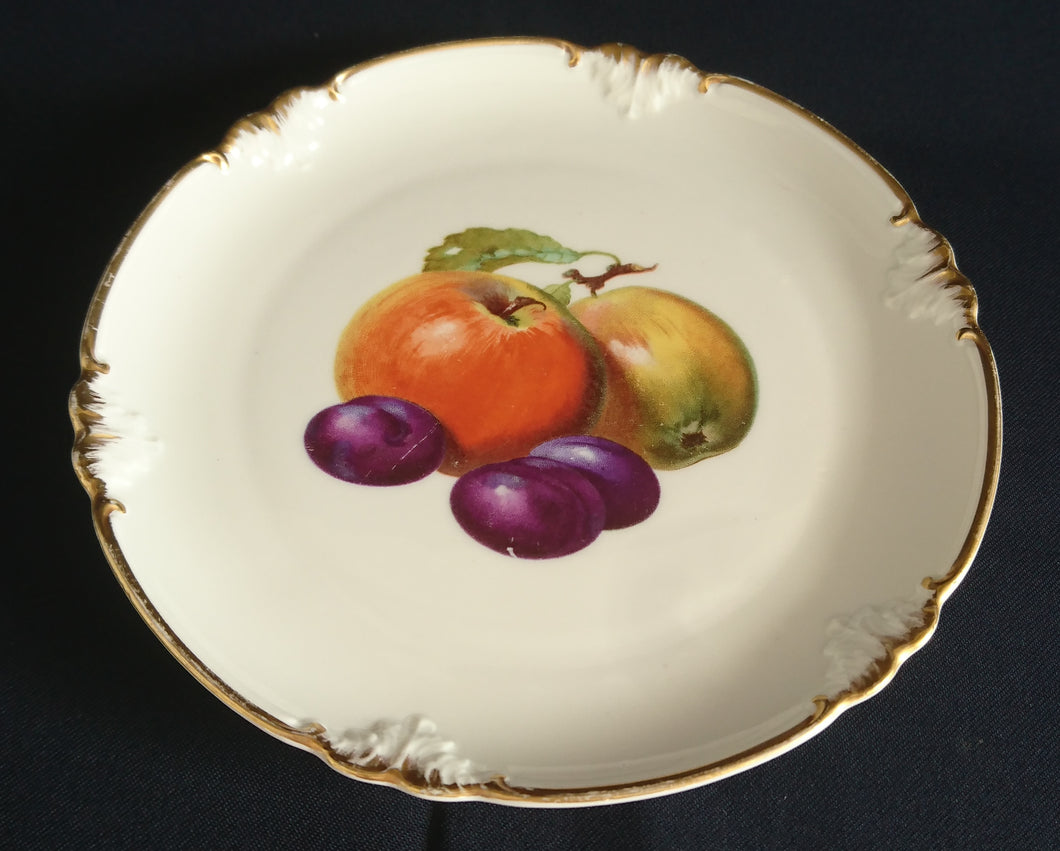 DESSERTTELLER - Porzellan, Apfel Pflaumen Goldrand Relief Dekor