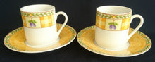 Lade das Bild in den Galerie-Viewer, 2er Set ESPRESSO UNTERTASSEN "Flirt" "Country Garden" - Porzellan, Meliertes Ranken Punktkreise Flora Pflaumen Geometrisches Motiv Dekor
